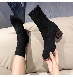 Fashion Women Fabric Cloth Solid Autumn Thick Sole Square Heels Slip On Mid Booties Round Half Boots Women Leather Black $13....