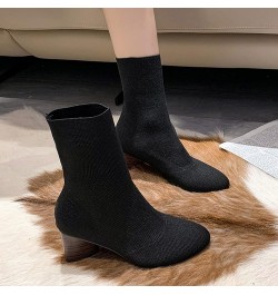 Fashion Women Fabric Cloth Solid Autumn Thick Sole Square Heels Slip On Mid Booties Round Half Boots Women Leather Black $13....