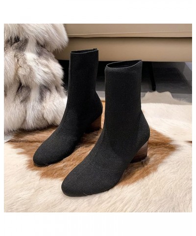 Fashion Women Fabric Cloth Solid Autumn Thick Sole Square Heels Slip On Mid Booties Round Half Boots Women Leather Black $13....