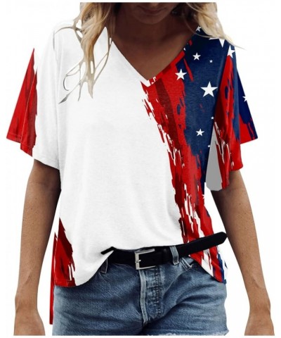 Womens Casual Fashion V Neck Independence Day Print Short Sleeve T Shirt Top Women Athletic Shirt White $9.90 Athletic Shoes