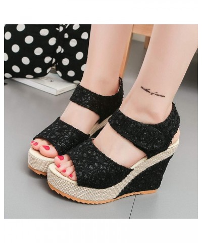 H Sandals for Women Wedges Heel Sandals Floral Flower Lace-up Shoes Footwear Bohemian Sandals for Women Wedge Black $12.21 Ou...