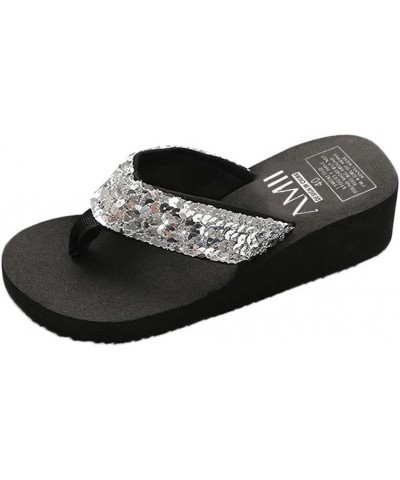 Rhinestone Wedge Sandals for Women Summer Beach Slippers Open Toe Casual Slides Platform Flip Flops 6 Sliver-a $7.28 Sandals