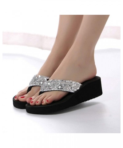 Rhinestone Wedge Sandals for Women Summer Beach Slippers Open Toe Casual Slides Platform Flip Flops 6 Sliver-a $7.28 Sandals