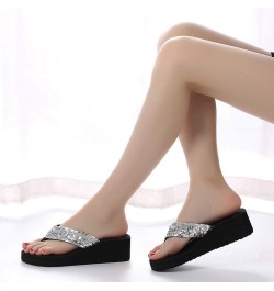 Rhinestone Wedge Sandals for Women Summer Beach Slippers Open Toe Casual Slides Platform Flip Flops 6 Sliver-a $7.28 Sandals