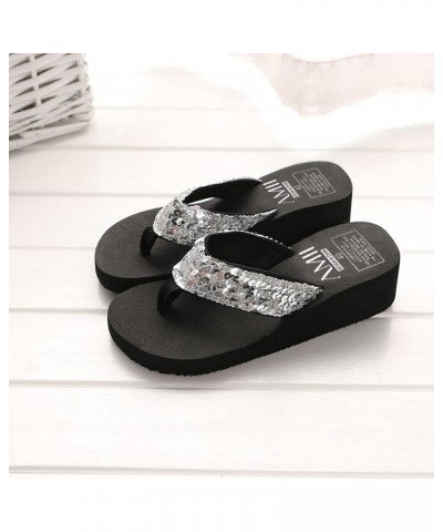 Rhinestone Wedge Sandals for Women Summer Beach Slippers Open Toe Casual Slides Platform Flip Flops 6 Sliver-a $7.28 Sandals