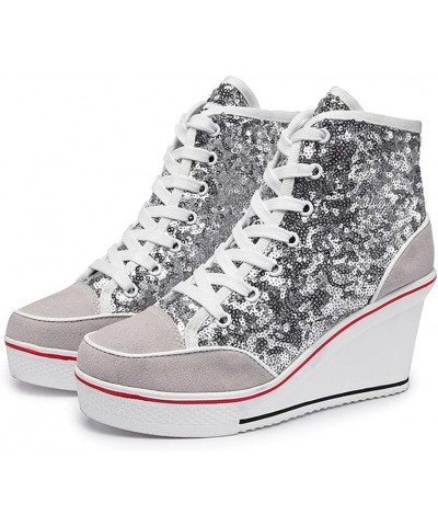 Womens Wedge Sneakers High Top Booties Lace Up Platform Sneakers Fashion Sequins Shoes Silver $10.56 Fashion Sneakers