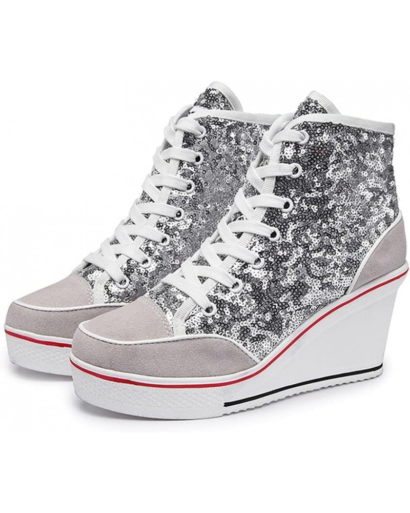 Womens Wedge Sneakers High Top Booties Lace Up Platform Sneakers Fashion Sequins Shoes Silver $10.56 Fashion Sneakers