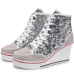 Womens Wedge Sneakers High Top Booties Lace Up Platform Sneakers Fashion Sequins Shoes Silver $10.56 Fashion Sneakers