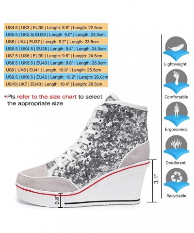 Womens Wedge Sneakers High Top Booties Lace Up Platform Sneakers Fashion Sequins Shoes Silver $10.56 Fashion Sneakers