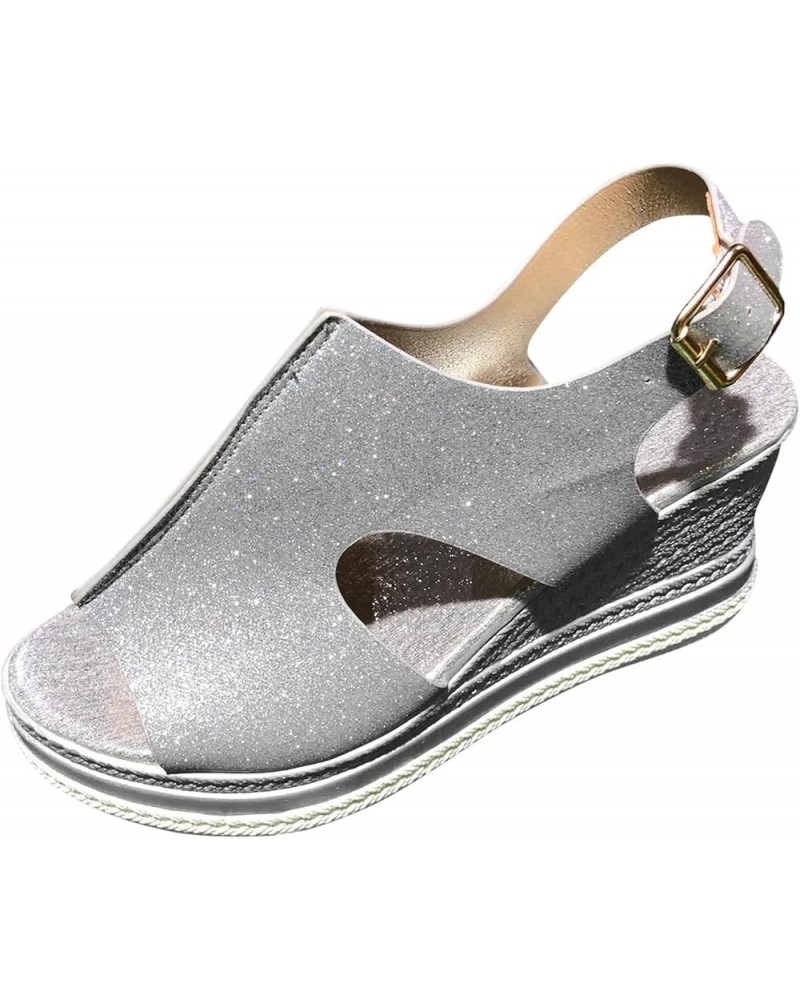 Women's Wedge Sandals Women's Open Toe Breathable Beach Sandals Roman Flip Flops Casual Wedges Shoes Z 04-silver $17.25 Sandals