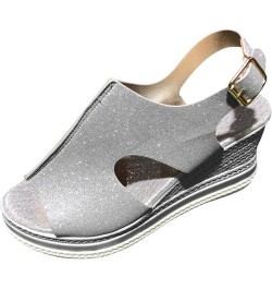 Women's Wedge Sandals Women's Open Toe Breathable Beach Sandals Roman Flip Flops Casual Wedges Shoes Z 04-silver $17.25 Sandals