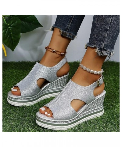 Women's Wedge Sandals Women's Open Toe Breathable Beach Sandals Roman Flip Flops Casual Wedges Shoes Z 04-silver $17.25 Sandals