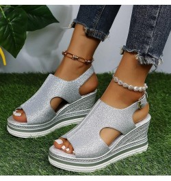 Women's Wedge Sandals Women's Open Toe Breathable Beach Sandals Roman Flip Flops Casual Wedges Shoes Z 04-silver $17.25 Sandals