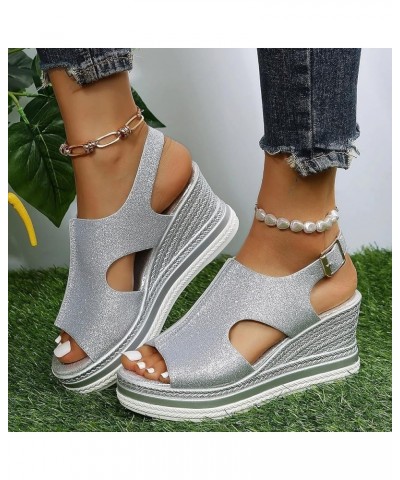 Women's Wedge Sandals Women's Open Toe Breathable Beach Sandals Roman Flip Flops Casual Wedges Shoes Z 04-silver $17.25 Sandals