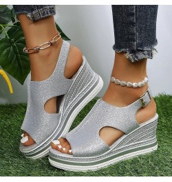 Women's Wedge Sandals Women's Open Toe Breathable Beach Sandals Roman Flip Flops Casual Wedges Shoes Z 04-silver $17.25 Sandals