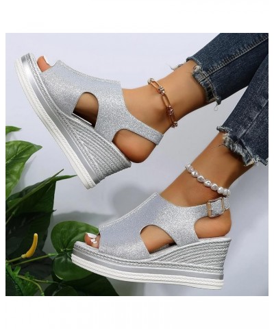 Women's Wedge Sandals Women's Open Toe Breathable Beach Sandals Roman Flip Flops Casual Wedges Shoes Z 04-silver $17.25 Sandals