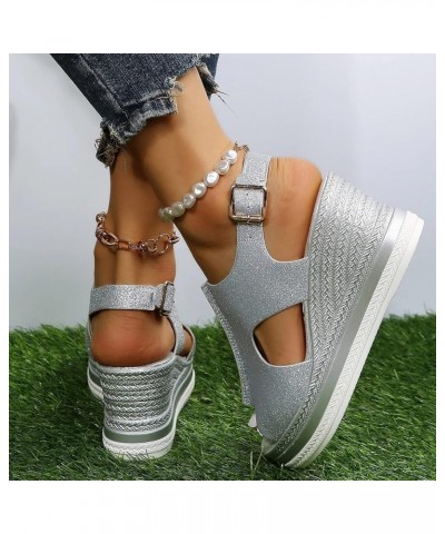 Women's Wedge Sandals Women's Open Toe Breathable Beach Sandals Roman Flip Flops Casual Wedges Shoes Z 04-silver $17.25 Sandals