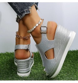 Women's Wedge Sandals Women's Open Toe Breathable Beach Sandals Roman Flip Flops Casual Wedges Shoes Z 04-silver $17.25 Sandals