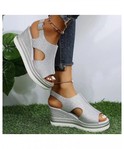 Women's Wedge Sandals Women's Open Toe Breathable Beach Sandals Roman Flip Flops Casual Wedges Shoes Z 04-silver $17.25 Sandals