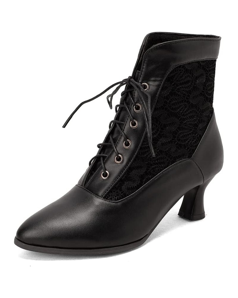 Women's Fashion Lace Up Pointed Toe Chunky Heel Ankle Strap Mid Calf Western Boots Black $26.99 Boots