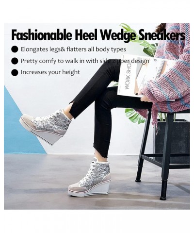 Womens Wedge Sneakers High Top Booties Lace Up Platform Sneakers Fashion Sequins Shoes Silver $10.56 Fashion Sneakers