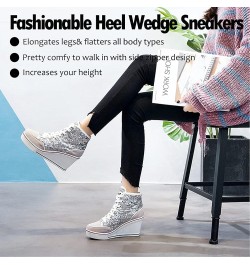 Womens Wedge Sneakers High Top Booties Lace Up Platform Sneakers Fashion Sequins Shoes Silver $10.56 Fashion Sneakers