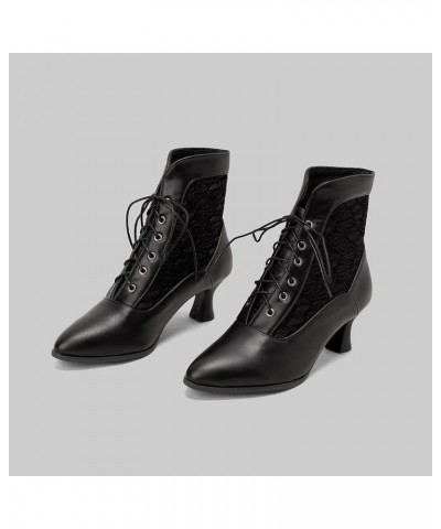 Women's Fashion Lace Up Pointed Toe Chunky Heel Ankle Strap Mid Calf Western Boots Black $26.99 Boots