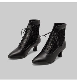 Women's Fashion Lace Up Pointed Toe Chunky Heel Ankle Strap Mid Calf Western Boots Black $26.99 Boots