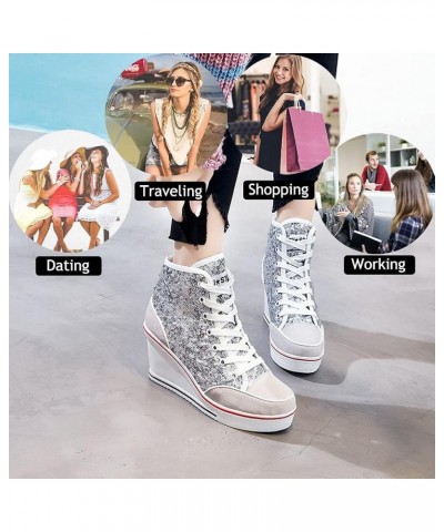 Womens Wedge Sneakers High Top Booties Lace Up Platform Sneakers Fashion Sequins Shoes Silver $10.56 Fashion Sneakers