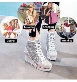 Womens Wedge Sneakers High Top Booties Lace Up Platform Sneakers Fashion Sequins Shoes Silver $10.56 Fashion Sneakers