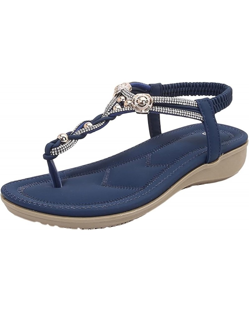 Women Thong Sandals Elastic Strap Comfortable Slip On Flat Rhinestone Flip Flops Casual Dressy Summer Beach Shoes C9-navy $10...