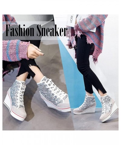 Womens Wedge Sneakers High Top Booties Lace Up Platform Sneakers Fashion Sequins Shoes Silver $10.56 Fashion Sneakers