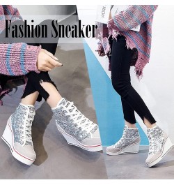 Womens Wedge Sneakers High Top Booties Lace Up Platform Sneakers Fashion Sequins Shoes Silver $10.56 Fashion Sneakers