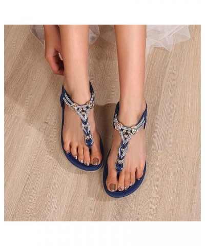 Women Thong Sandals Elastic Strap Comfortable Slip On Flat Rhinestone Flip Flops Casual Dressy Summer Beach Shoes C9-navy $10...