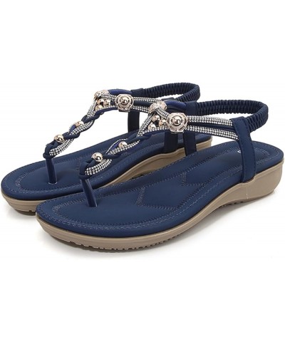 Women Thong Sandals Elastic Strap Comfortable Slip On Flat Rhinestone Flip Flops Casual Dressy Summer Beach Shoes C9-navy $10...