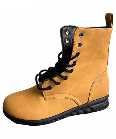 Boots for Women,Women's Ankle Boots Lace Up Side Zip Low Heel Leather Womens Boots Fashion Round Toe Short Boots Yellow $20.6...