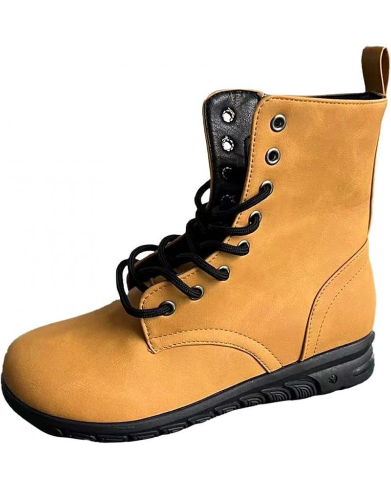 Boots for Women,Women's Ankle Boots Lace Up Side Zip Low Heel Leather Womens Boots Fashion Round Toe Short Boots Yellow $20.6...