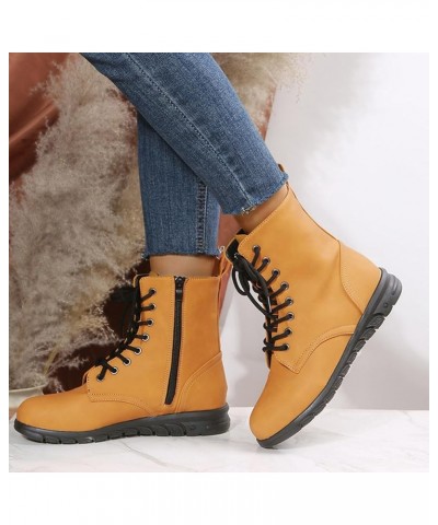 Boots for Women,Women's Ankle Boots Lace Up Side Zip Low Heel Leather Womens Boots Fashion Round Toe Short Boots Yellow $20.6...