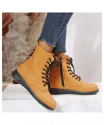 Boots for Women,Women's Ankle Boots Lace Up Side Zip Low Heel Leather Womens Boots Fashion Round Toe Short Boots Yellow $20.6...