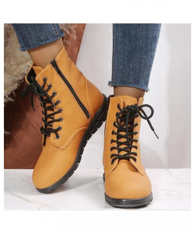 Boots for Women,Women's Ankle Boots Lace Up Side Zip Low Heel Leather Womens Boots Fashion Round Toe Short Boots Yellow $20.6...