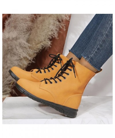 Boots for Women,Women's Ankle Boots Lace Up Side Zip Low Heel Leather Womens Boots Fashion Round Toe Short Boots Yellow $20.6...