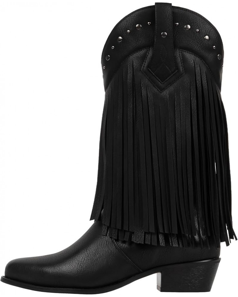 Womens Fringe Western Country Cowgirl Cowboy Boots Wide Calf Stud Tassel Black $41.65 Boots