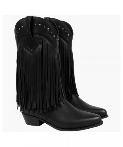 Womens Fringe Western Country Cowgirl Cowboy Boots Wide Calf Stud Tassel Black $41.65 Boots