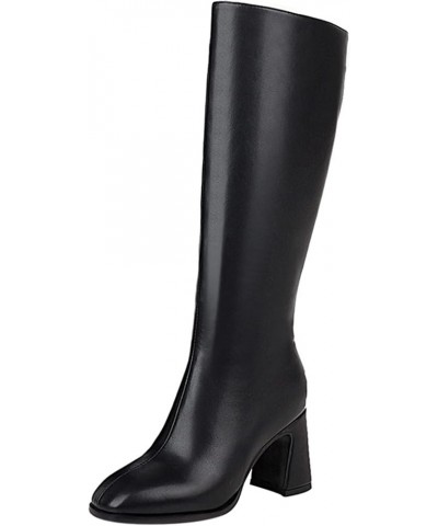 Ladies Winter Fashion Block Heel Knee Boots Side Zip Black Without Fur $28.43 Boots