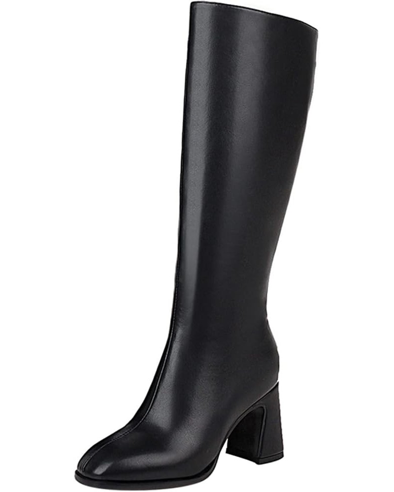 Ladies Winter Fashion Block Heel Knee Boots Side Zip Black Without Fur $28.43 Boots