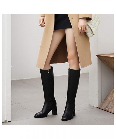 Ladies Winter Fashion Block Heel Knee Boots Side Zip Black Without Fur $28.43 Boots