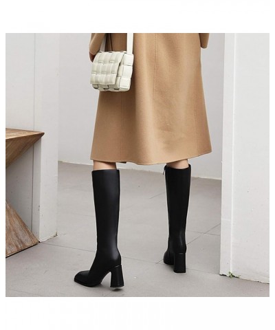 Ladies Winter Fashion Block Heel Knee Boots Side Zip Black Without Fur $28.43 Boots