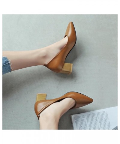 5Cm Women's Chunky Heel Pointed Toe Shoes Large Size Low Heel Shoes Pumps Shoes for Spring and Autumn Brown $33.46 Sandals