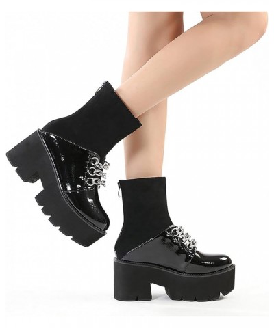 Women's Platform Boots Goth Punk Style Mid Calf Boots, Slope Heel Boots Wedge Leather Boots Studded Short Motorcycle Boots,Bl...