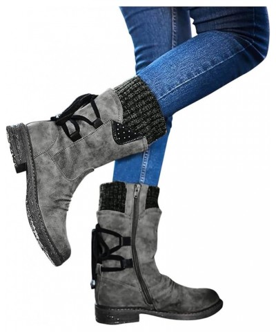 Women Fashion Casual Vintage Retro Mid-Calf Boots Lace Up Thick Heels Shoes Winter Leather Boot Grey $23.61 Boots